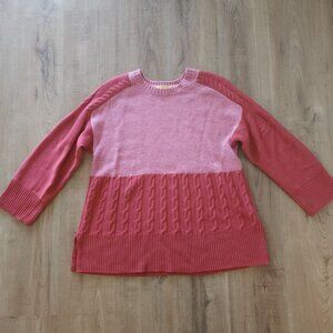 St. John Salmon Color Block Cableknit Crew Neck Wool Knit Sweater